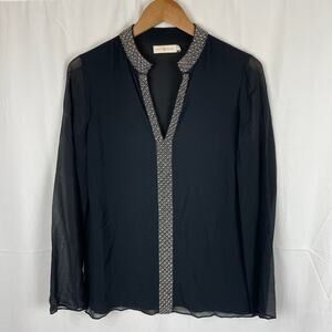 Tory Burch Beaded V Neck Chiffon Silk Black Long Sleeve Blouse Shirt Top Size 6